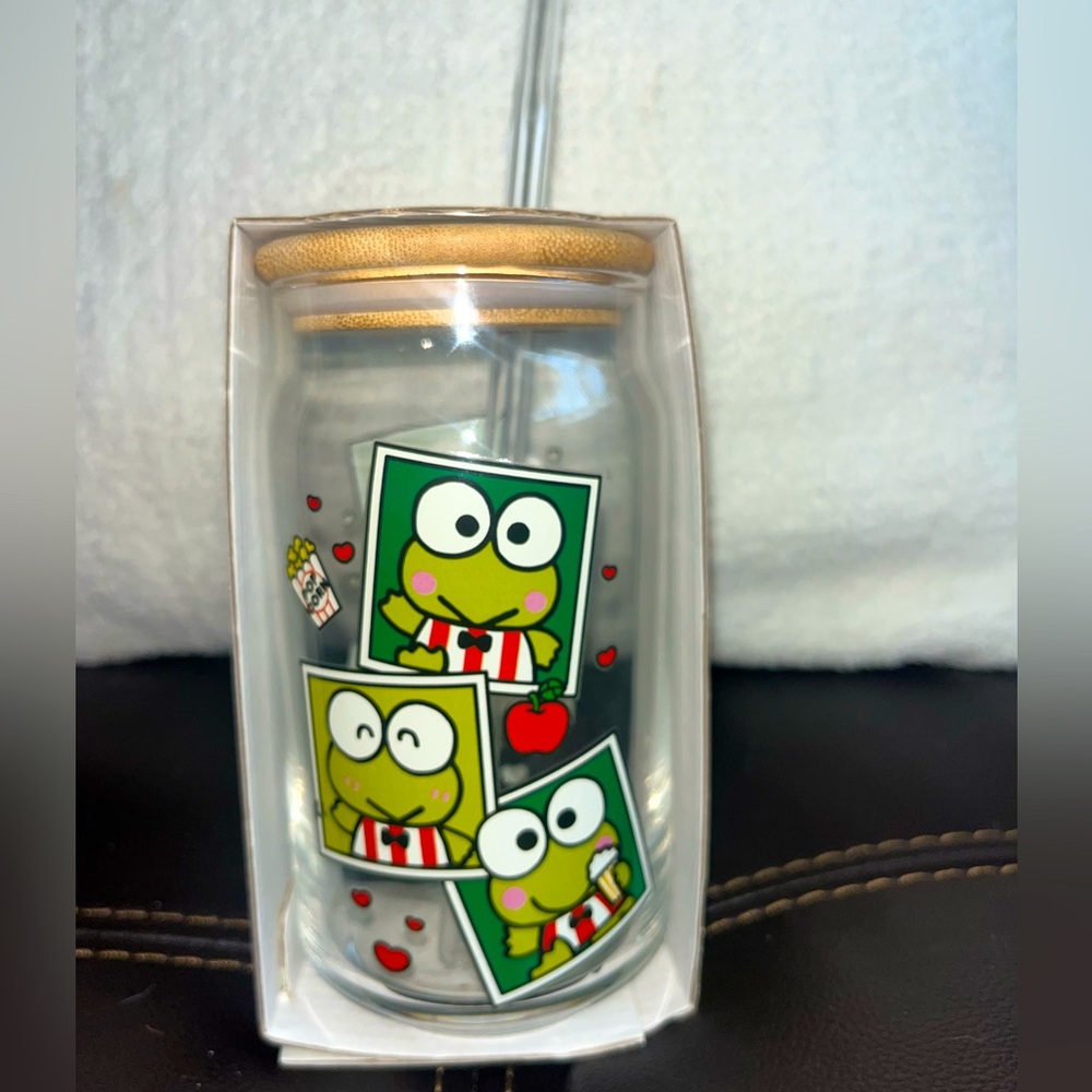 Sanrio Keroppi Glass Tumbler with Bamboo Lid & Straw NWT NEW